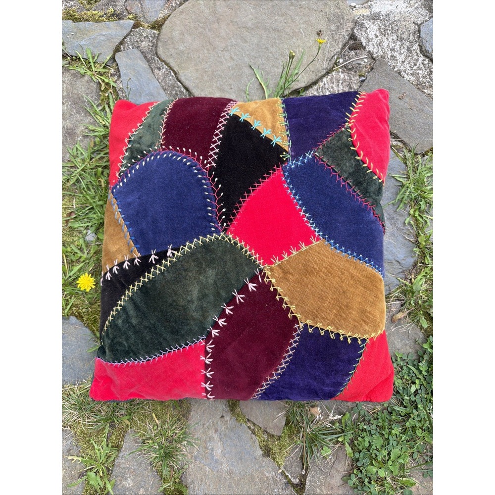 Vintage crazy quilt throw pillow made from  Scrap, green velvet back 16 x 17
